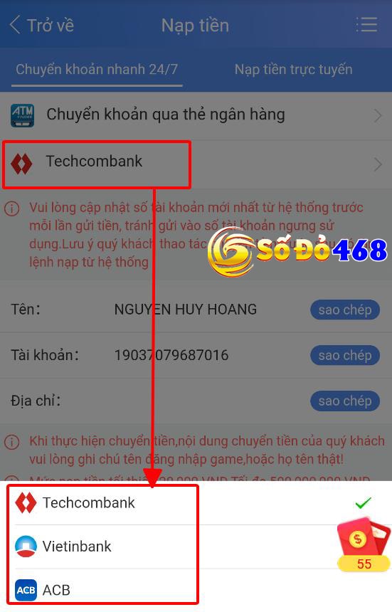 Chọn ngân hàng để nạp tiền